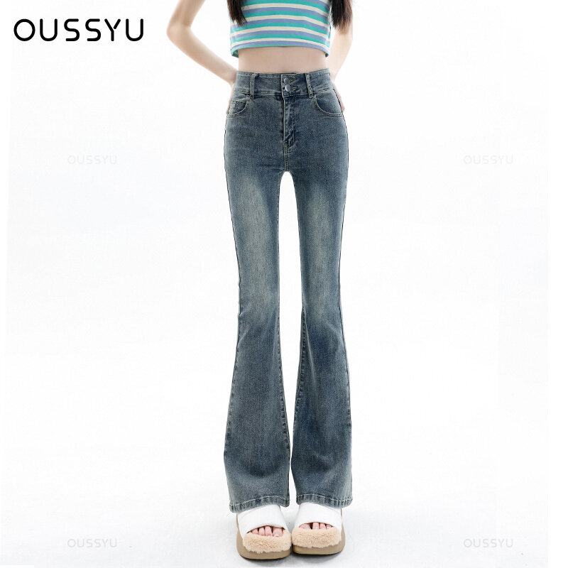 Женские джинсы, хлопковые расклешенные брюки, эластичные винтажные уличные брюки с высокой талией в стиле Харадзюку, брюки большого размера