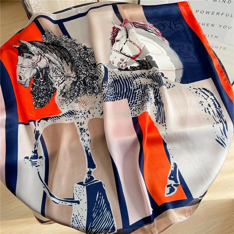 Bufanda de seda de marca de lujo para mujer, chales cuadrados con estampado de caballo, protector solar, playa, verano, 70cm