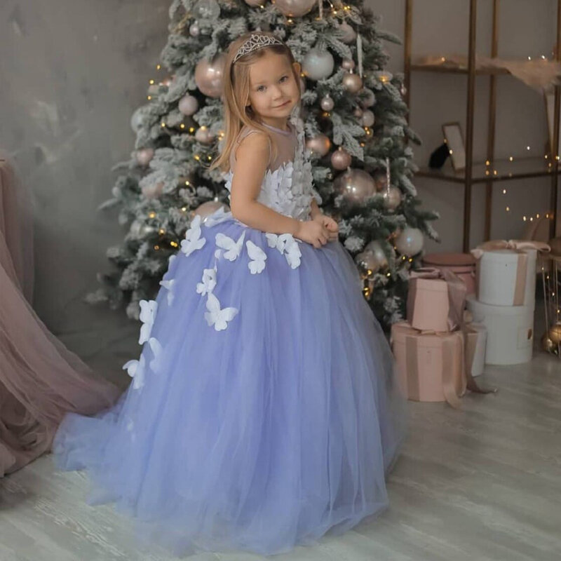 3d Butterfly Flower Girl Dress For Wedding Floor Length Tulle Sleeveless Puffy Applique Kids Birthday Party Princess Ball Gowns
