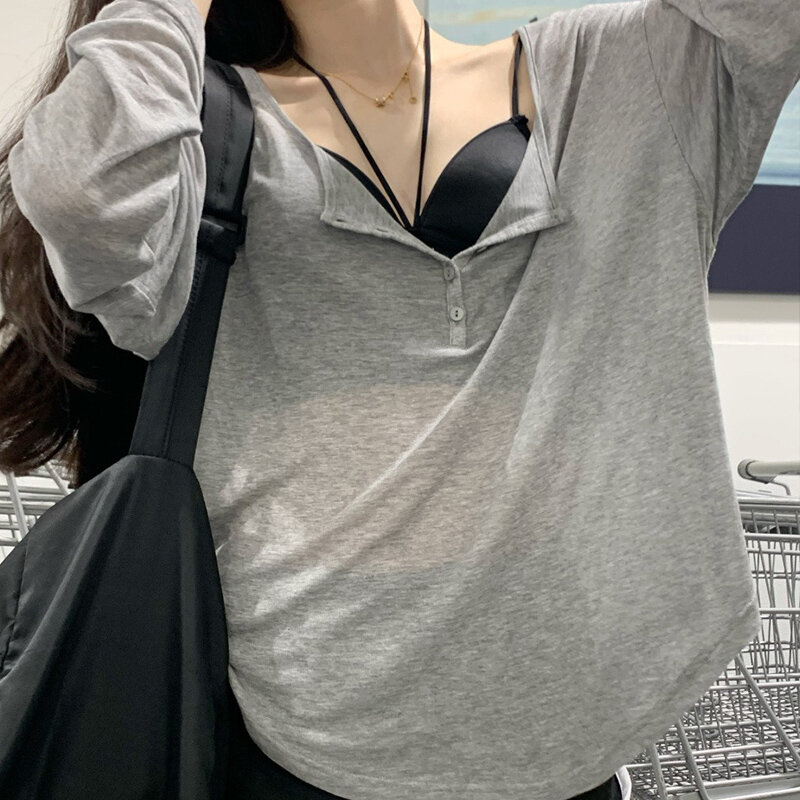 Camiseta feminina de manga comprida, moda streetwear sólida, t-shirt solta, tops elásticas, roupa sexy do clube, coreano, verão