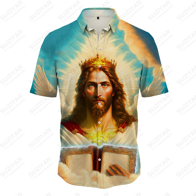 Camisa con estampado 3D de Jesús cristiano para hombre, ropa de playa con estampado Floral religioso, estilo informal, tendencia de moda, compras tropicales, Verano