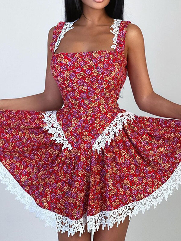 Tossy-Mini vestido floral sem costas feminino, cintura alta, elegante estampa patchwork, sem mangas, alça de renda, sexy, elegante