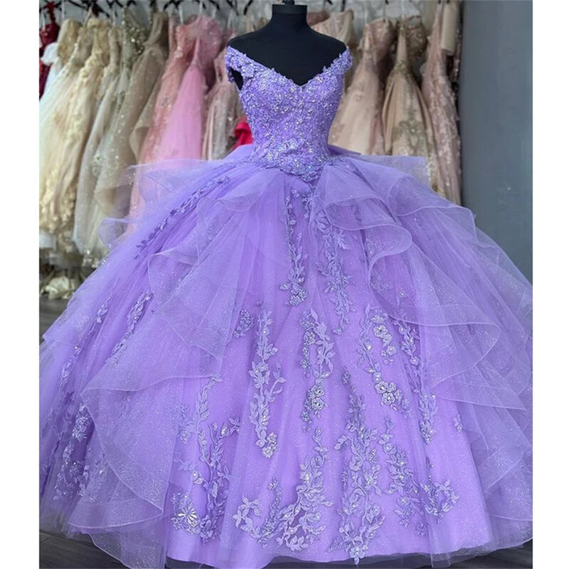 Romantic Purple Shiny V-Neck Ball Gown Quinceanera Dresses 2024 3D Flower Applique Sweet 16 Dress