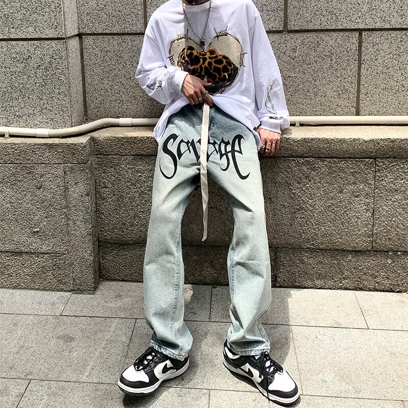 アメリカのハイストリートジーンズメンズヒップホップルーズフリップストリートストレートパンツ秋のレトロな文字幅のレッグパンツ