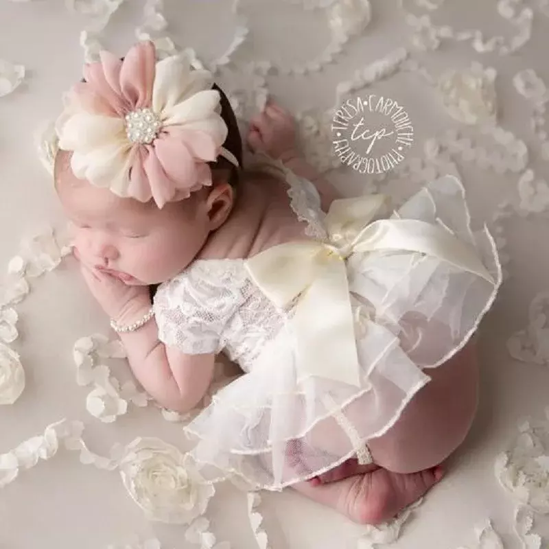Pakaian bordir bunga untuk anak perempuan, pakaian properti fotografi bayi baru lahir dengan ikat kepala