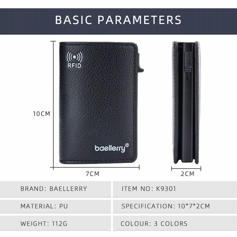 Baellerry-男性用の新しいRFIDカードホルダー,小型クリップオンウォレット
