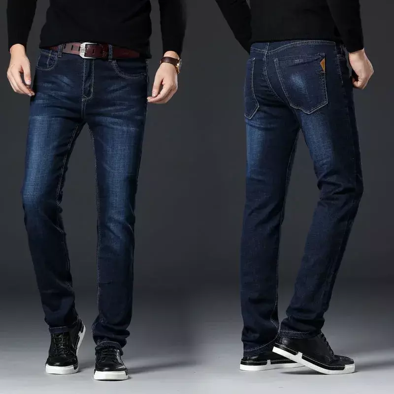 Autumn Winter Men's Fleece Warm Jeans Fashion Business Long Pants Retro Classic Denim Trousers Casual Stretch Slim Jeans 