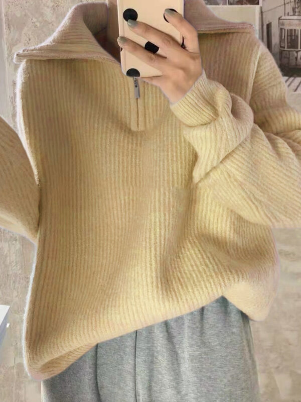 Suéter de gola alta feminino, blusa de malha, zíper, pulôver sólido, extragrande, solto, outono, inverno, 2023