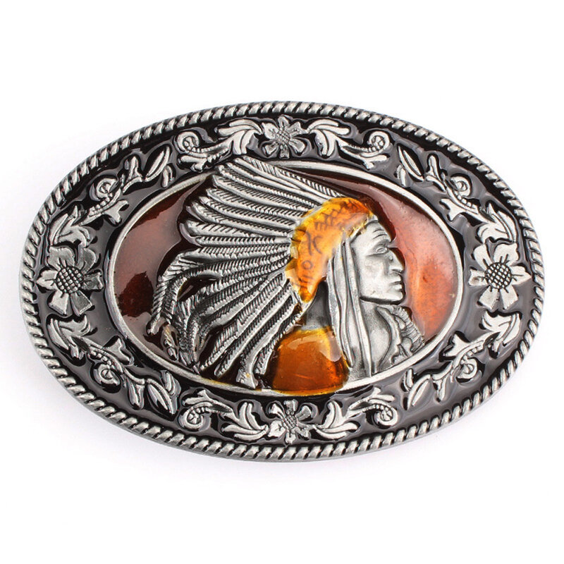 Cheapify-hebilla de cinturón de Metal de aleación de jefe indio ovalado para hombres, diseño Floral de moda, pantalones vaqueros masculinos, regalos de decoración