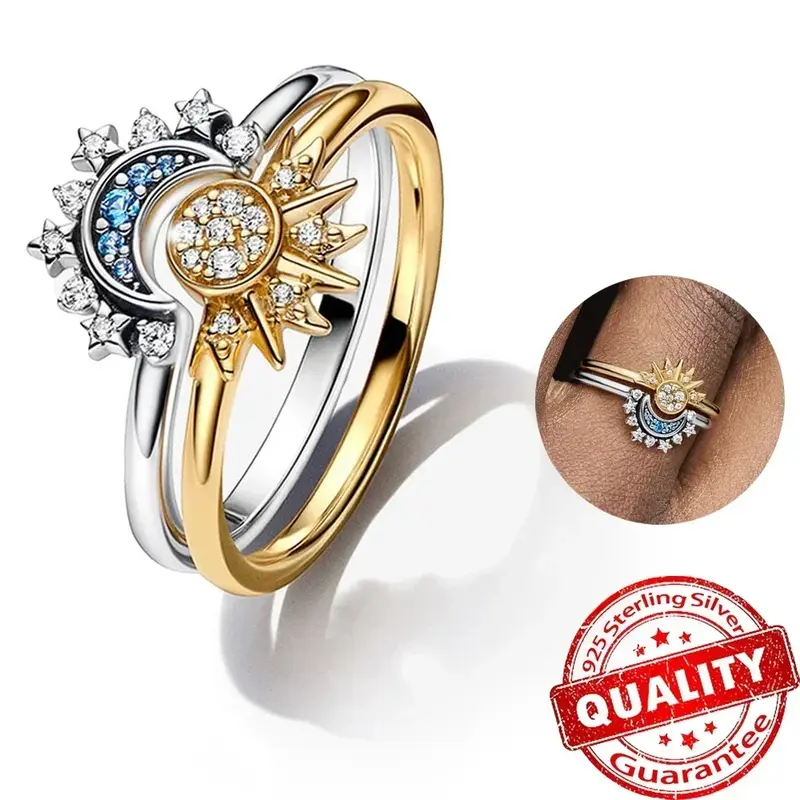 Женское Сверкающее кольцо в стиле небесно-голубого оттенка с Луной и солнцем, летнее коктейльное штабелируемое кольцо на палец, модное ювелирное изделие из серебра 925 пробы с кристаллами