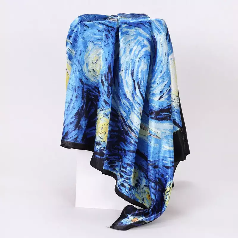 ผ้าพันคอวินเทจสำหรับผู้หญิงผ้าคลุมไหล่พิมพ์ลายสีน้ำมันฮิญาบผ้าไหมเทียมคาดศีรษะผ้าพันคอ90*90ซม.