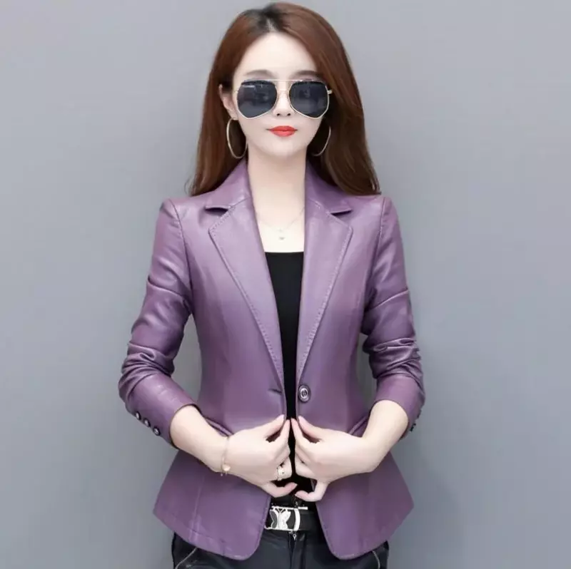 Jaket kulit asli Musim Semi Wanita Mode Korea mantel kulit domba ramping jaket kulit asli hitam merah wanita Blazer kasual wanita