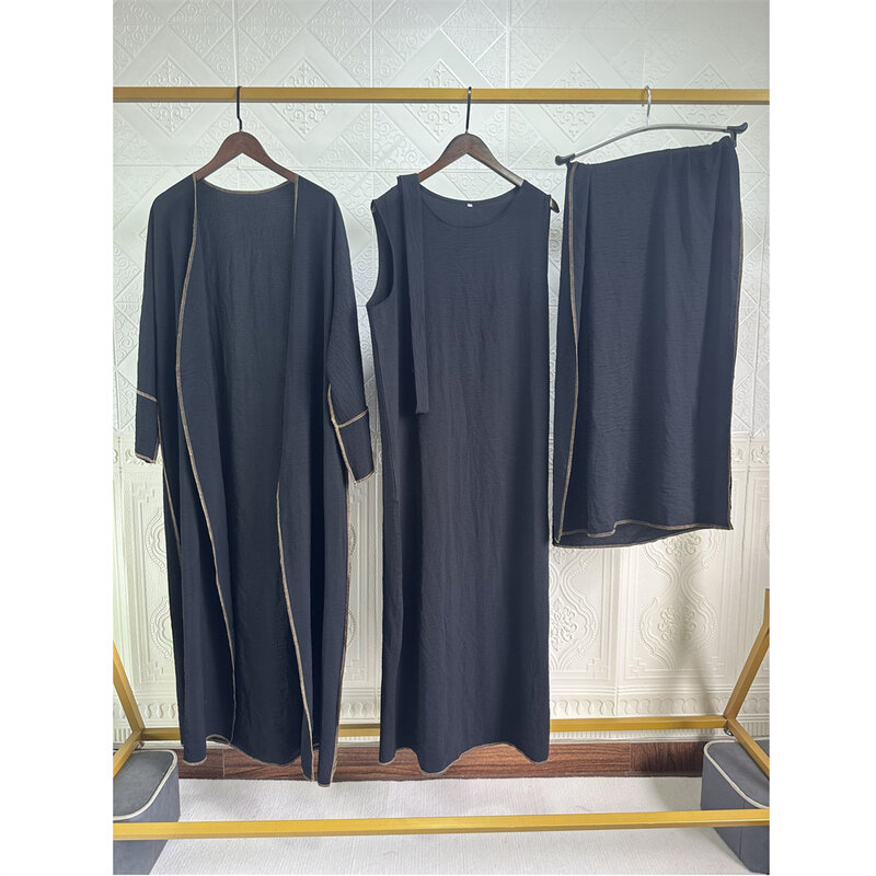 3-częściowe Abayas pasujące do muzułmańskich zestawów hidżabowa sukienka z krepą z otwartym Kimono dla kobiet Dubai indyk wewnętrzne sukienki islamska odzież Ramadan