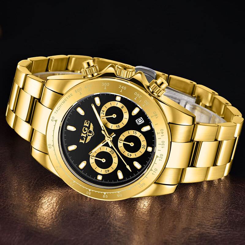 LIGE 남성용 최고 브랜드 럭셔리 스포츠 쿼츠 시계, 풀 스틸 방수 크로노그래프 손목시계