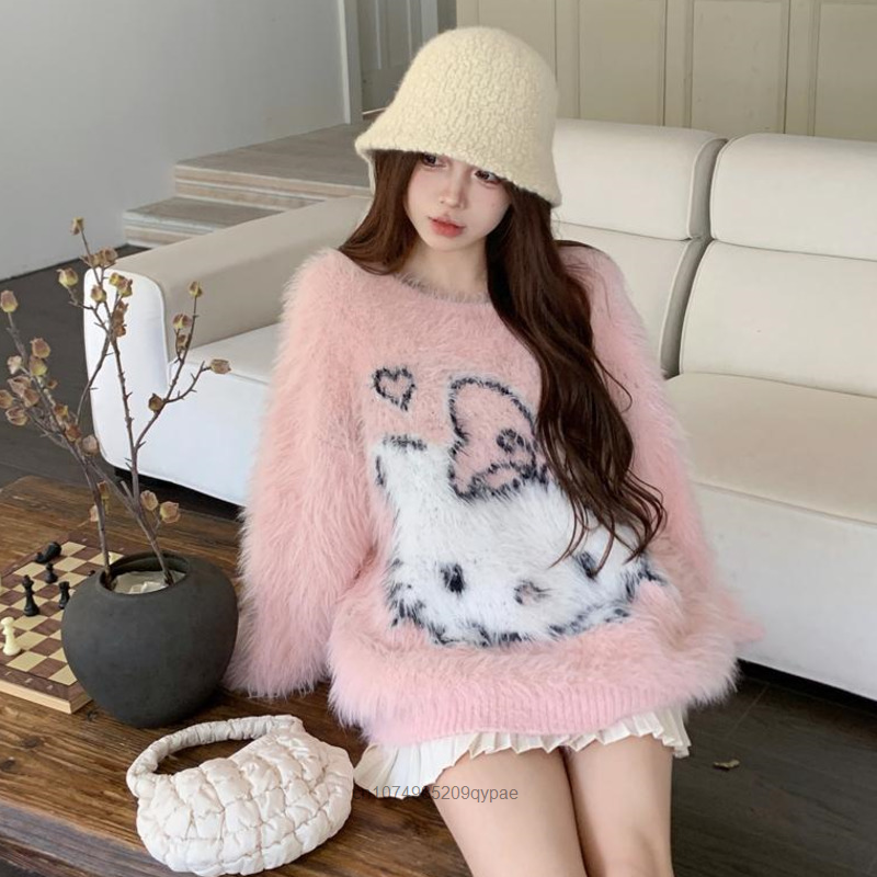 산리오 헬로 키티 소프트 풀오버 만화 귀여운 루즈 스웨터, 한국 귀여운 핑크 니트 셔츠, Y2k 미적 상의, 가을 겨울