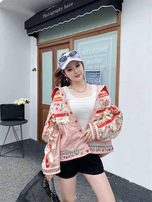 Popular Design Heavy Industry Ethnic Style Sequined Denim Jacket Women's Spring Autumn Pink Loose Top Fashion Brand Beaded Coat