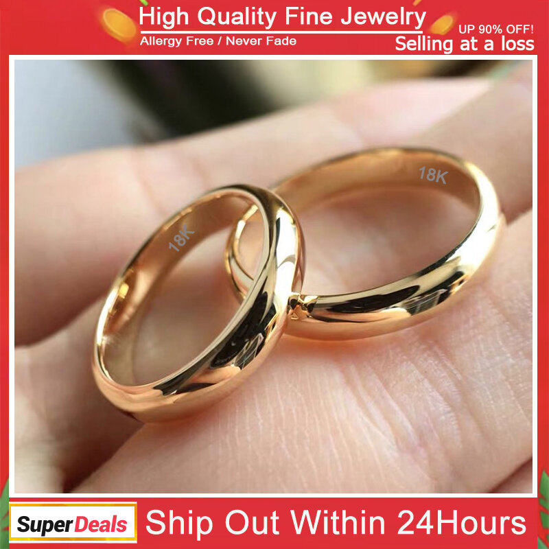 Anel redondo de ouro 18k para homens e mulheres, sem desbotamento, joias finas, banda de casamento simples, presente do amante, casal, 4mm