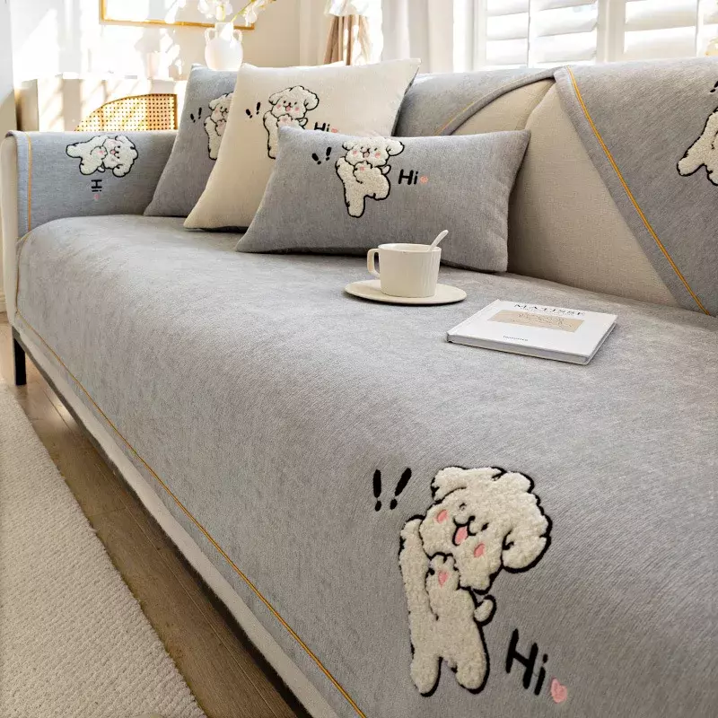 Cartoon Collage Embroidered Chenille Couch Cushion Anti-slip Thicken Sofa Cover Anti Static Solid Color Sofa Cushion Pillowcase