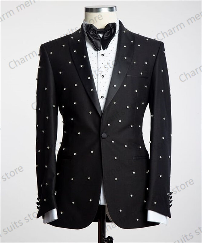 Kristalle schwarze Männer Anzüge 1 Stück Blazer maßge schneiderte Jacke Luxus Büro Business Mantel Abschluss ball Bräutigam Hochzeit Smoking Outfit