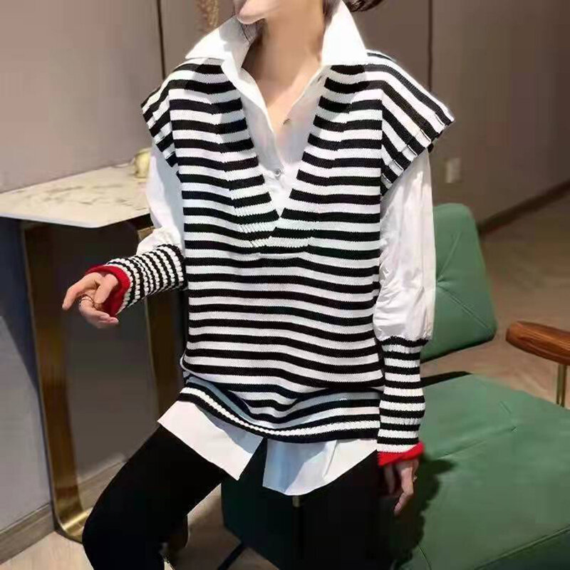 Fashion Lapel Spliced Loose All-match Striped Shirts Women's Clothing 2023 Autumn Winter Oversized Casual Tops Commuter Blouses