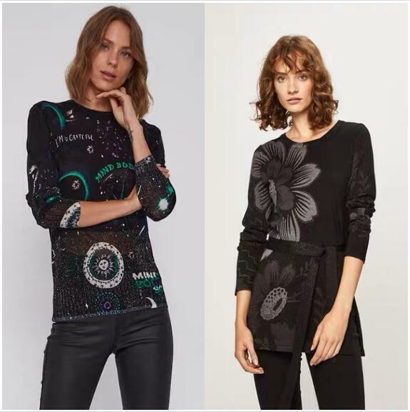 Original spanische Damen pullover gedruckt bestickt Rundhals-Pullover gestrickt dünnen Stil Show-Stil Slim Fit