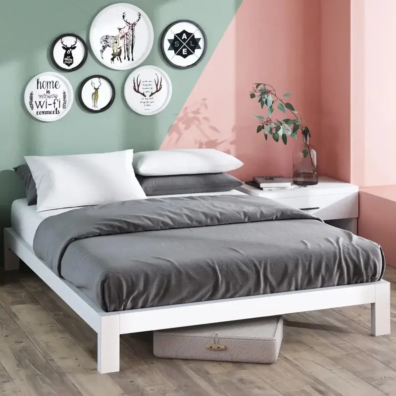 Cadre de lit double en métal, lit à plateforme de 11 pouces, cadre de lit jumeau blanc