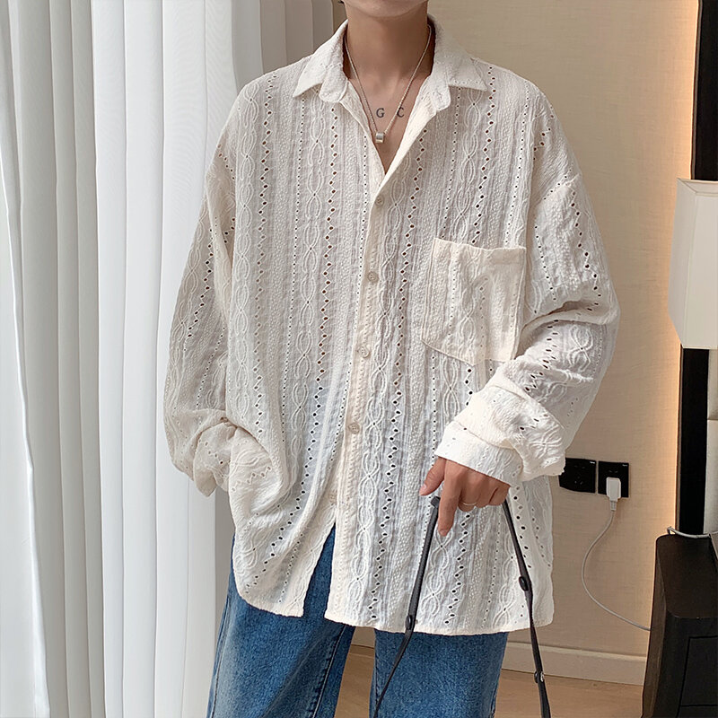 Koszule męskie morelowe przystojne klapy męskie bluzka wakacyjna z wycięciem seksowna moda męska siatka z długim koszule z rękawami