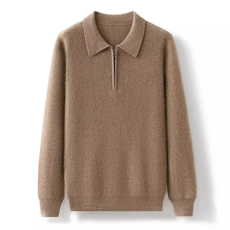 Suéter de manga comprida com gola polo masculino, jaqueta quente de malha empresarial, caxemira 100% de cabra, casual, outono, inverno
