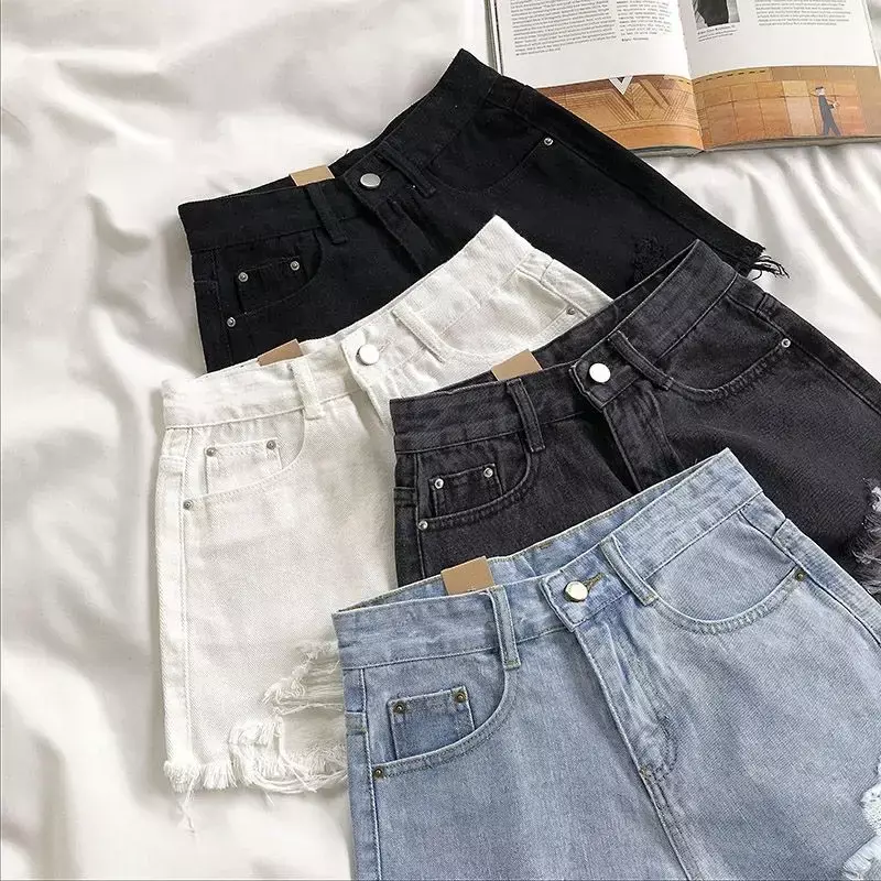2024 nuovi pantaloncini di jeans Casual a vita alta donna estate tasca nappa buco jeans strappati corti femminili Femme pantaloni corti donna