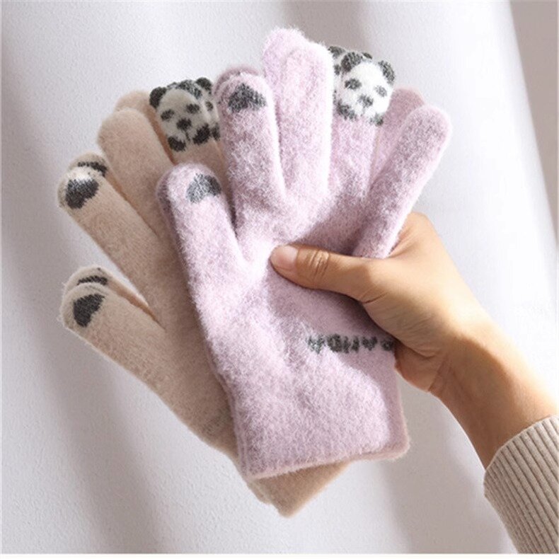 Зимние теплые плюшевые перчатки, милые Мультяшные вязаные перчатки с кольцом панды для сенсорного экрана