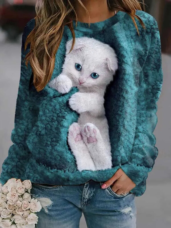 Wiosna i jesień Damska bluza z kapturem 3D Cute Cat Print Luźny długi rękaw O-Neck Moda Mały świeży top damski Harajuku