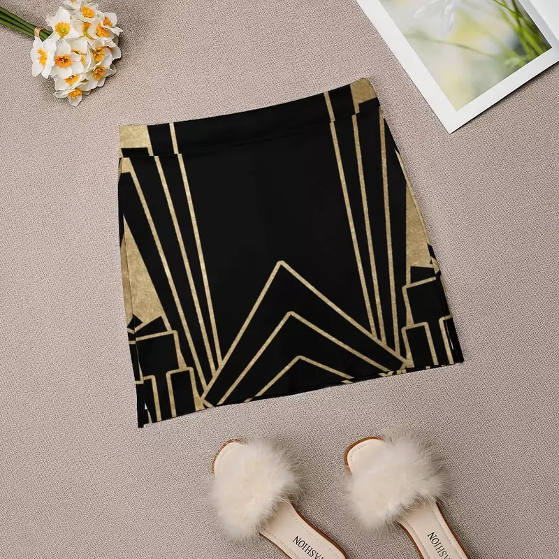 Mini saia feminina com bolso, dourada, folha sintética dourada, design Art Deco, saias de linha A, preta, uma pequena festa nunca