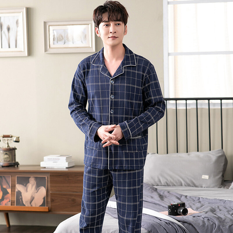 Pijama masculino manga longa de algodão, calças compridas pijamas, pijamas completos, Roupa de casa, Sleep Lounge Wear, Moda masculina, Outono, M-4XL