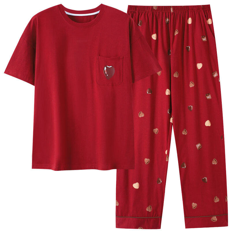 Neueste Sommer Frauen Pyjamas Set Damen 100% Baumwolle Nachtwäsche weibliche kurze Top lange Hose feste Pyjamas