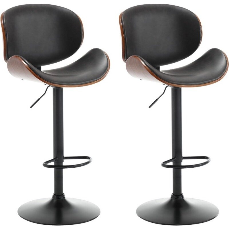 Bar Stools Set of 2, Swivel Adjustable Height Barstools, PU Leather Upholstered Bar Chairs with Footrest, Bentwood Bar Stool