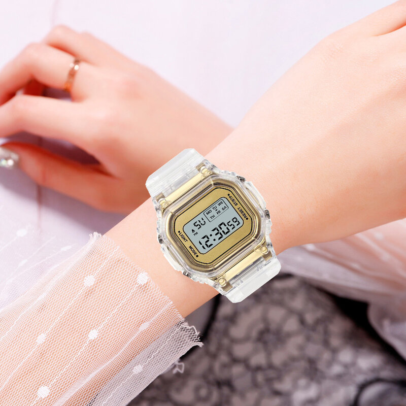 Jam Tangan Elektronik untuk Wanita Pria Tali Silikon Mawar Emas Transparan Jam Tangan Digital LED Gaun Jam Olahraga Relogio Feminino