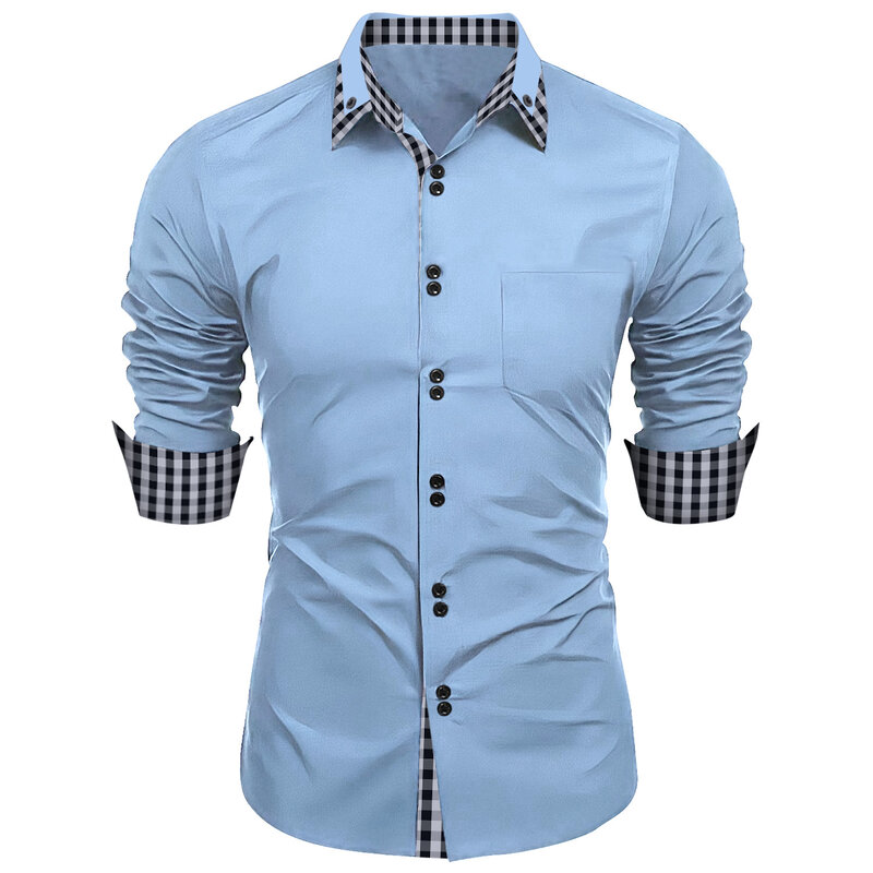 Spring and Fall 2024 new men's double lapel double breasted button slim top Men's fashion patchwork solid color high street shir