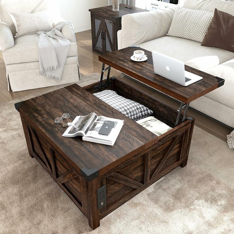 Farmhouse Lift Top Coffee Table with Storage, Wood Square Center Table with Charging Station&USB Ports,w/Large Hidden Space