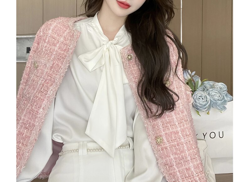Vestido de Tweed rosa para mujer, abrigo pequeño fragante y áspero, abrigo de celebridad de estilo academia, sentido de diseño, primavera y otoño, 2023
