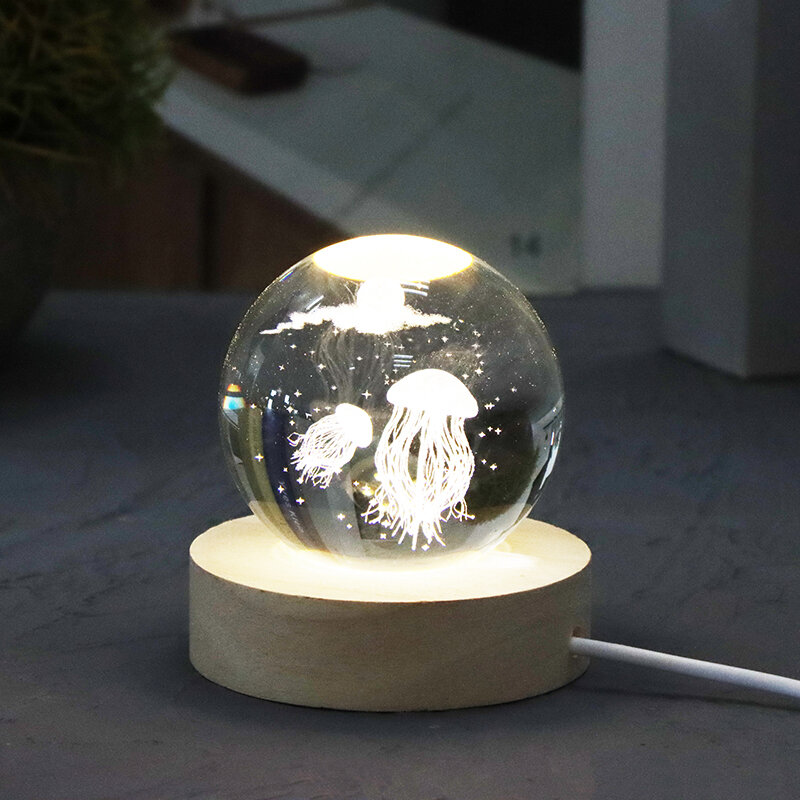 Lampu malam Led bola kristal ukiran Laser ubur-ubur 3D untuk dekorasi hadiah Hari Natal Anak pacar laki-laki klasik