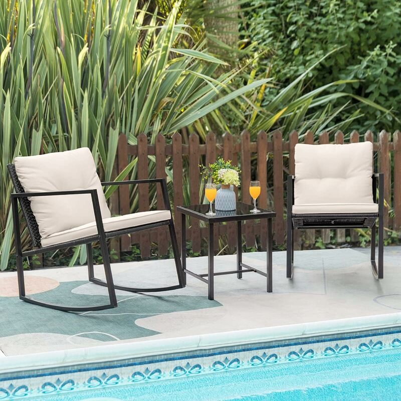 3 Pieces Rocking Wicker Bistro Set, Patio Outdoor Furniture Conversation Sets with Porch Chairs and Glass Coffee Table