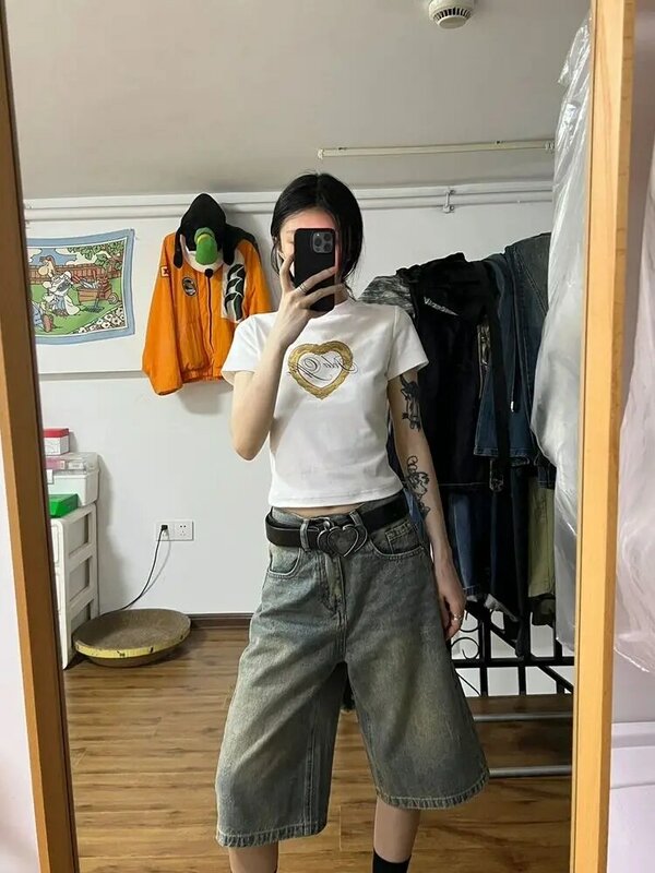 HOUZHOU Y2k Vintage Baggy Jeans celana pendek Wanita kebesaran Korea Fashion Jorts Harajuku Jepang 2000s gaya celana Denim musim panas