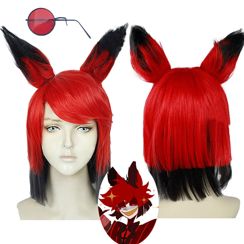Anime Alastor peruka do Cosplay z okularami dla dorosłych Unisex krótki czerwony włosy odporne na ciepło syntetyczne rekwizyty kostiumowe peruki Halloween
