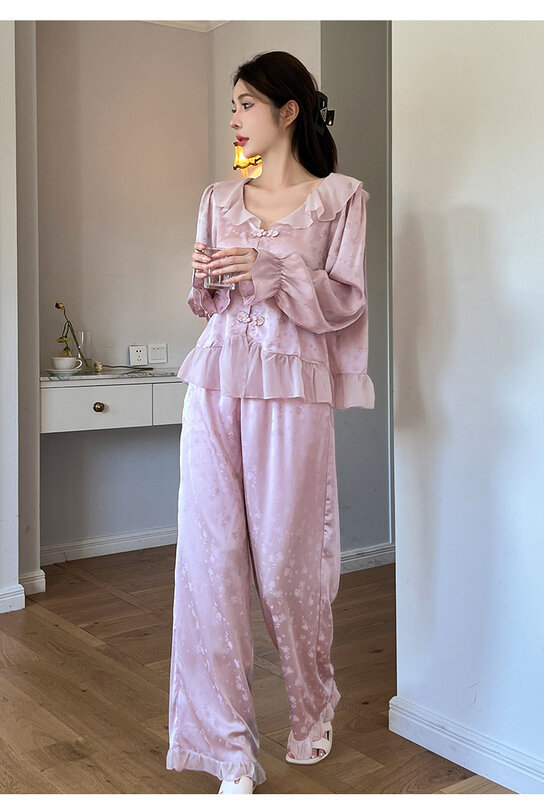 Primavera Ruffles Lace risvolto camicia a maniche lunghe pantaloni pigiama donna Jacquard Satin Sleepwear Home Clothes Loungewear