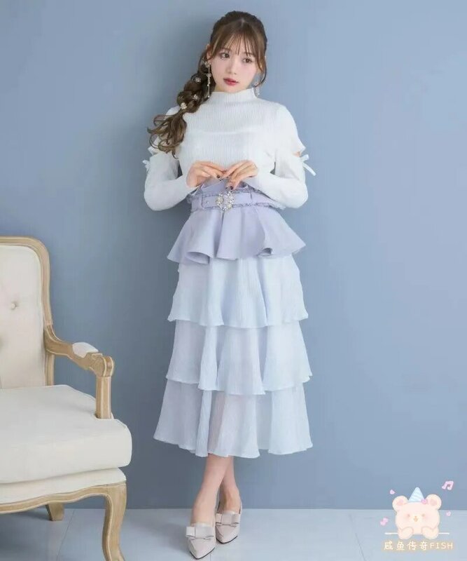 Женская многослойная Асимметричная юбка в стиле «лолита», элегантная длинная юбка с декоративным поясом, лето 2024