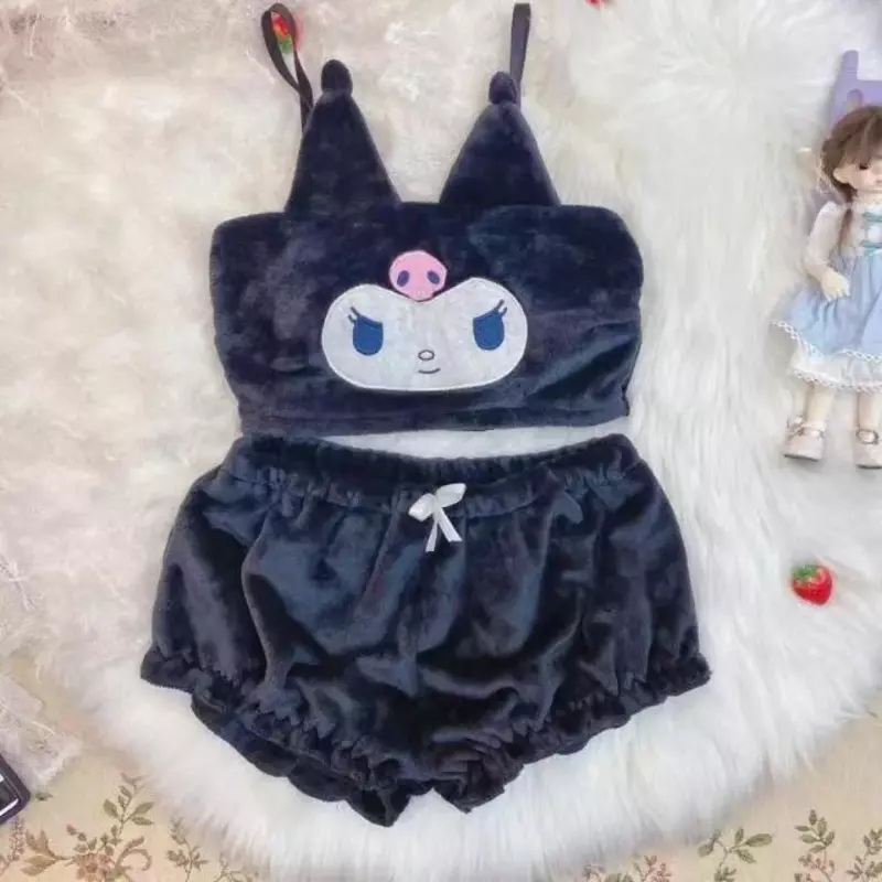 Sanrio Kuromi My Melody Cinnamoroll-Pijama Sexy para niñas, ropa de dormir con dibujos animados de franela, conjunto de pantalones cortos con tirantes esponjosos, regalo para niñas, novedad