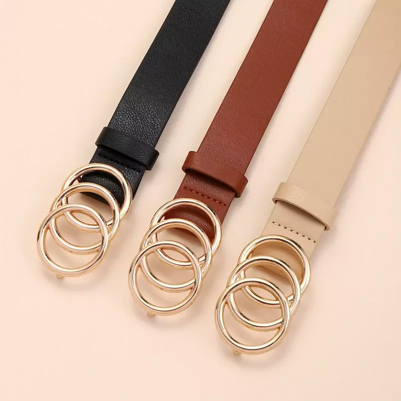 Cinturón elegante con hebilla de aleación de tres anillos para mujer, cinturón versátil de moda, decoración, nuevo, 2024