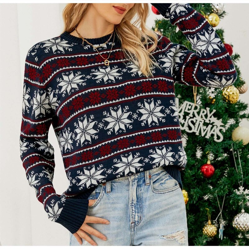 Women's Sweater Autumn/Winter New Christmas Snowflake Acrylic O-Neck Loose Knitted Tops Traf Casual Pullover Sweaters Women 2023