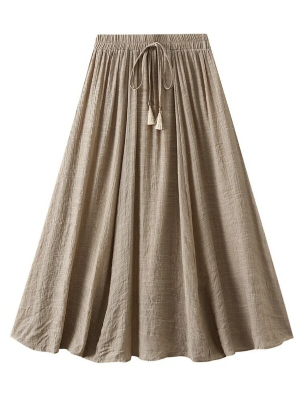 2024 New Women's Vintage Two Layered Solid Long Skirt Korean Fashion Elastic High Waist Cotton Linen Swing A-Line Skirts Summer