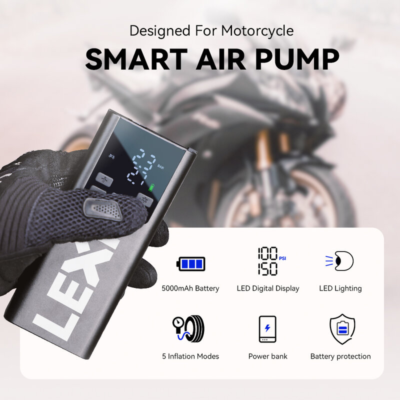 Nowy Lexin P5 akcesoria motocyklowe, pompka do opon do motocykli, inteligentny pompa inflacyjna/Power Bank, jasne LED oświetlenie